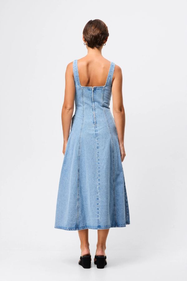 Mossman In A Daze Midi Dress in Vintage Blue, a denim-inspired button-through midi with square neckline, contrast stitching, and chic fit-and-flare silhouette.