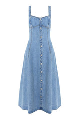 Mossman In A Daze Midi Dress in Vintage Blue, a denim-inspired button-through midi with square neckline, contrast stitching, and chic fit-and-flare silhouette.