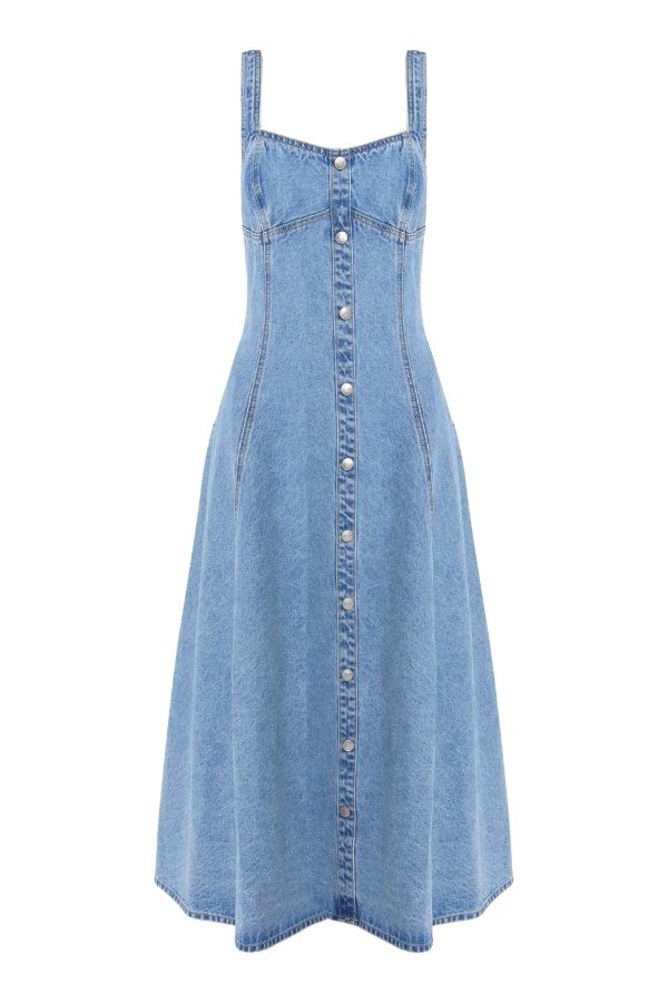 Mossman In A Daze Midi Dress in Vintage Blue, a denim-inspired button-through midi with square neckline, contrast stitching, and chic fit-and-flare silhouette.