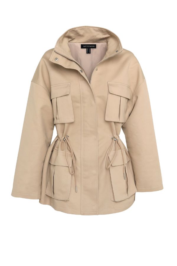 Mossman My Muse Anorak in Natural, a timeless utility jacket with oversized flap pockets, adjustable drawstring waist, and a concealed zip front for effortless layering.