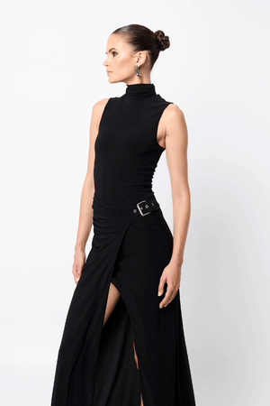 Rebellion Maxi Dress by Mossman, a black stretch jersey gown with high neckline, buckle wrap detail, and front split. Perfect for nights out.