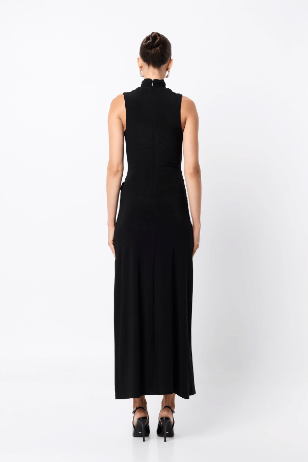 Rebellion Maxi Dress by Mossman, a black stretch jersey gown with high neckline, buckle wrap detail, and front split. Perfect for nights out.