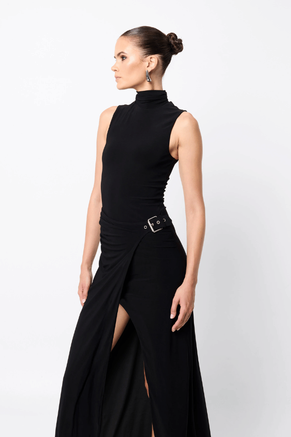 Rebellion Maxi Dress by Mossman, a black stretch jersey gown with high neckline, buckle wrap detail, and front split. Perfect for nights out.