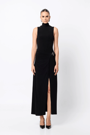 Rebellion Maxi Dress by Mossman, a black stretch jersey gown with high neckline, buckle wrap detail, and front split. Perfect for nights out.