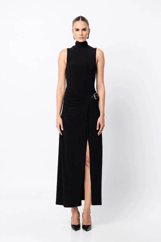 Rebellion Maxi Dress by Mossman, a black stretch jersey gown with high neckline, buckle wrap detail, and front split. Perfect for nights out.