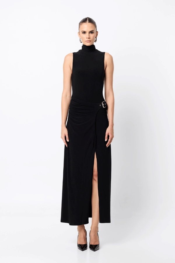 Rebellion Maxi Dress by Mossman, a black stretch jersey gown with high neckline, buckle wrap detail, and front split. Perfect for nights out.