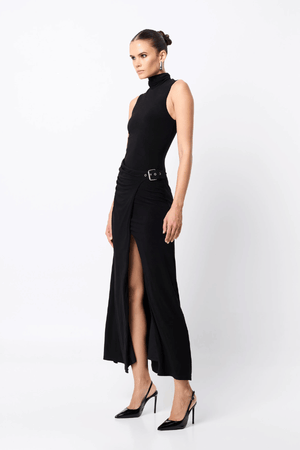 Rebellion Maxi Dress by Mossman, a black stretch jersey gown with high neckline, buckle wrap detail, and front split. Perfect for nights out.