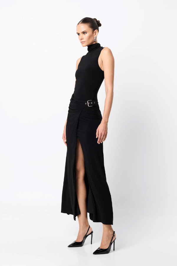 Rebellion Maxi Dress by Mossman, a black stretch jersey gown with high neckline, buckle wrap detail, and front split. Perfect for nights out.