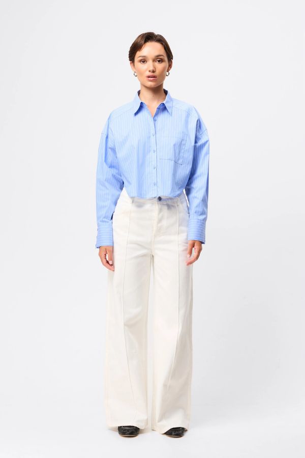 Mossman Repeat After Me Cropped Shirt in Blue Stripe, a chic cropped button-up with crisp white stripes, patch pockets, and extended cuffs for elevated everyday style. 5