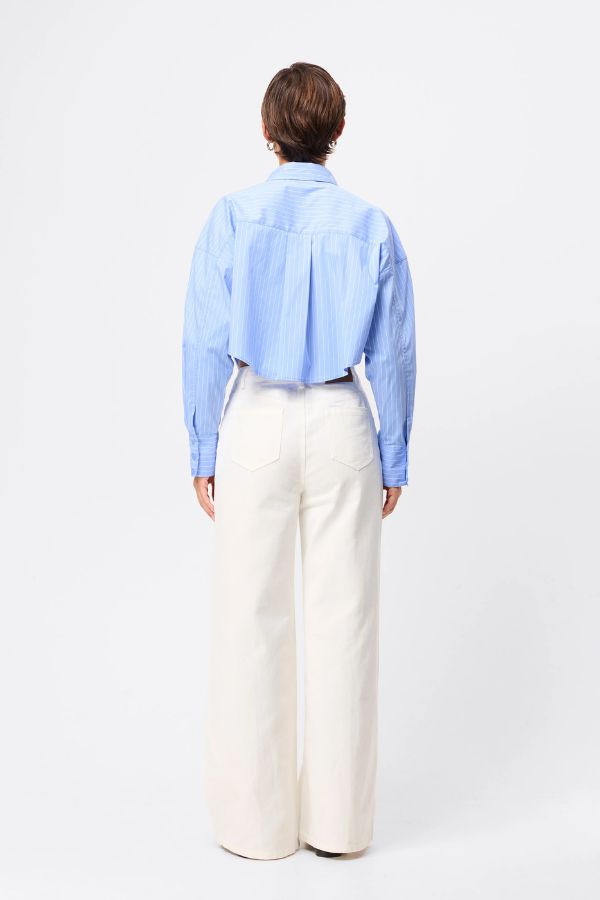 Mossman Repeat After Me Cropped Shirt in Blue Stripe, a chic cropped button-up with crisp white stripes, patch pockets, and extended cuffs for elevated everyday style.