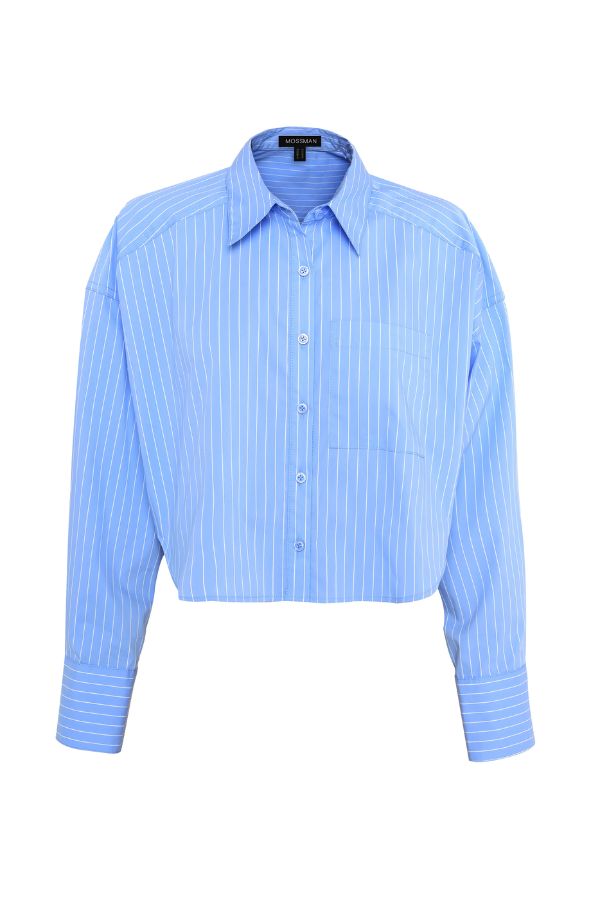 Mossman Repeat After Me Cropped Shirt in Blue Stripe, a chic cropped button-up with crisp white stripes, patch pockets, and extended cuffs for elevated everyday style.