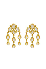 Mountain and Moon Rani Earrings in gold with chandelier silhouette, crystal quartz gemstones, and hammered polished finish.