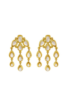 Mountain and Moon Rani Earrings in gold with chandelier silhouette, crystal quartz gemstones, and hammered polished finish.