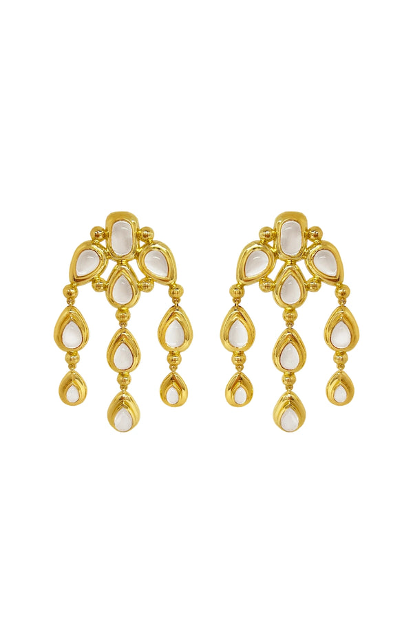 Mountain and Moon Rani Earrings in gold with chandelier silhouette, crystal quartz gemstones, and hammered polished finish.