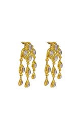 Mountain and Moon Rani Earrings in gold with chandelier silhouette, crystal quartz gemstones, and hammered polished finish.