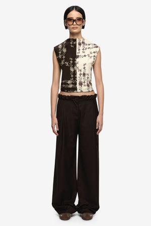 Myah Top Geo Vine Floral Choc Cream by Bec + Bridge, printed sleeveless top with high neckline and fitted shape. Perfect for day to night outfits or statement looks.
