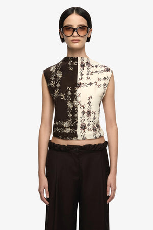 Myah Top Geo Vine Floral Choc Cream by Bec + Bridge, printed sleeveless top with high neckline and fitted shape. Perfect for day to night outfits or statement looks.