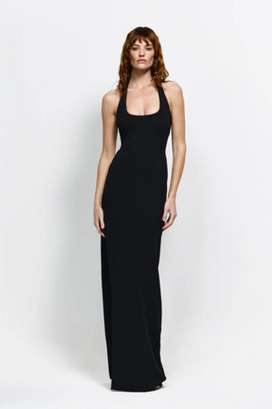 Myla Gown in Black by Effie Kats, a deep scoop floor-length gown with open back, thigh-high split, and figure-hugging stretch fabric.