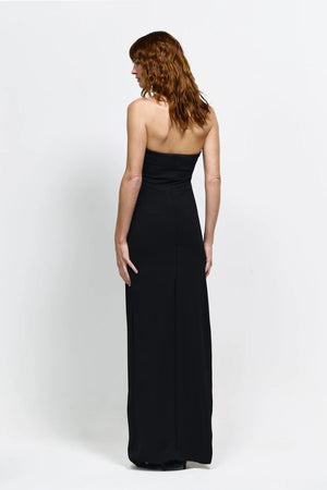 Myla Gown in Black by Effie Kats, a deep scoop floor-length gown with open back, thigh-high split, and figure-hugging stretch fabric.
