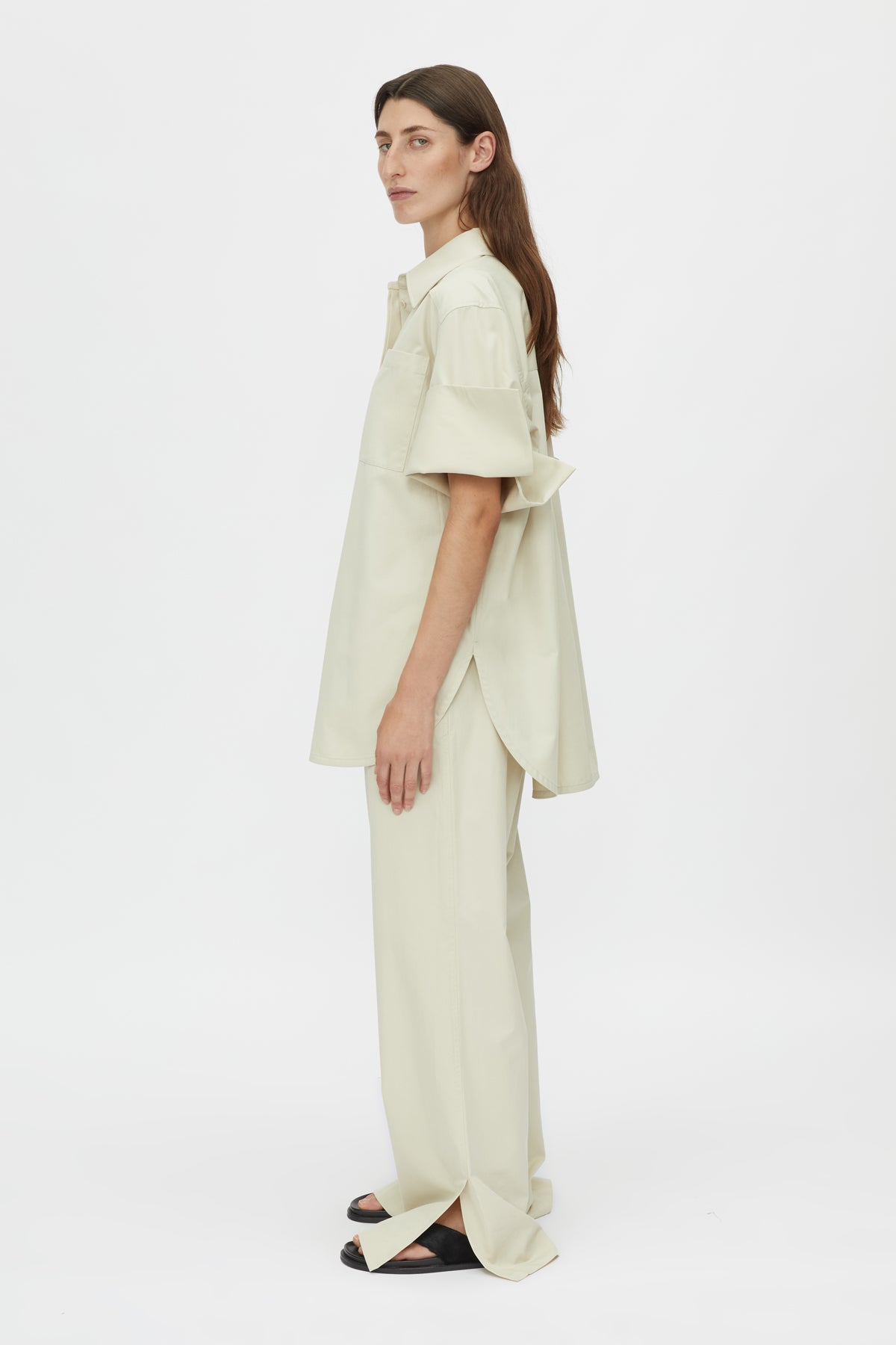 Camilla and Marc Winslow Pant Stone, a relaxed cotton-tencel pant with drawcord waist and side splits, perfect for effortless everyday sophistication.