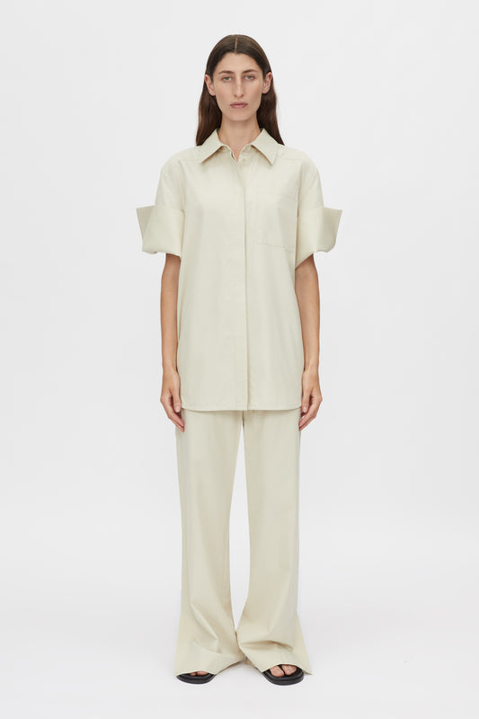 Camilla and Marc Winslow Pant Stone, a relaxed cotton-tencel pant with drawcord waist and side splits, perfect for effortless everyday sophistication.