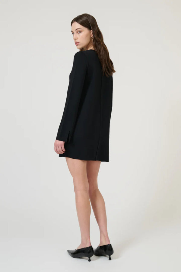 Naia Dress Black by Onte - mini dress with shift silhouette and gold button detail, designed for a sleek modern look.