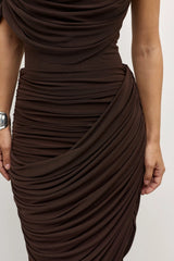 Nara Skirt Ash by Bayse – ruched mesh maxi skirt with draped overlay and body-contouring silhouette.