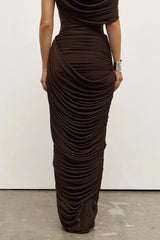Nara Skirt Ash by Bayse – ruched mesh maxi skirt with draped overlay and body-contouring silhouette.