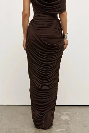Nara Skirt Ash by Bayse – ruched mesh maxi skirt with draped overlay and body-contouring silhouette.