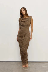 Nara Skirt Mink by Bayse – ruched mesh maxi skirt with draped overlay and body-contouring silhouette.