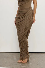 Nara Skirt Mink by Bayse – ruched mesh maxi skirt with draped overlay and body-contouring silhouette.