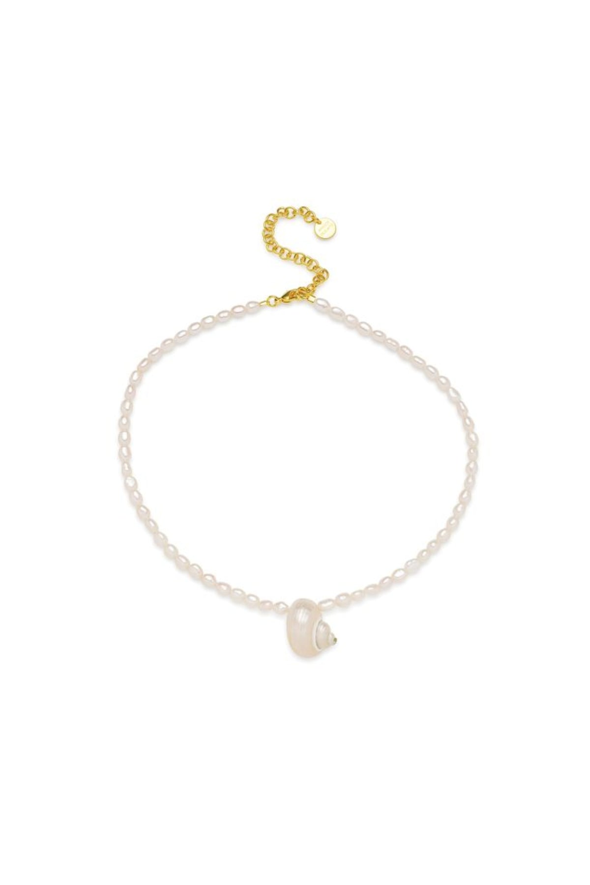 Narni Necklace by Amber Sceats, handcrafted in Italy with seashells and freshwater pearls plated in 24K gold for elegant coastal style.