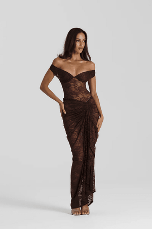 Aubrey Dress Espresso by Natalie Rolt – A sculptural two-piece lace gown with off-shoulder bust and waterfall split.