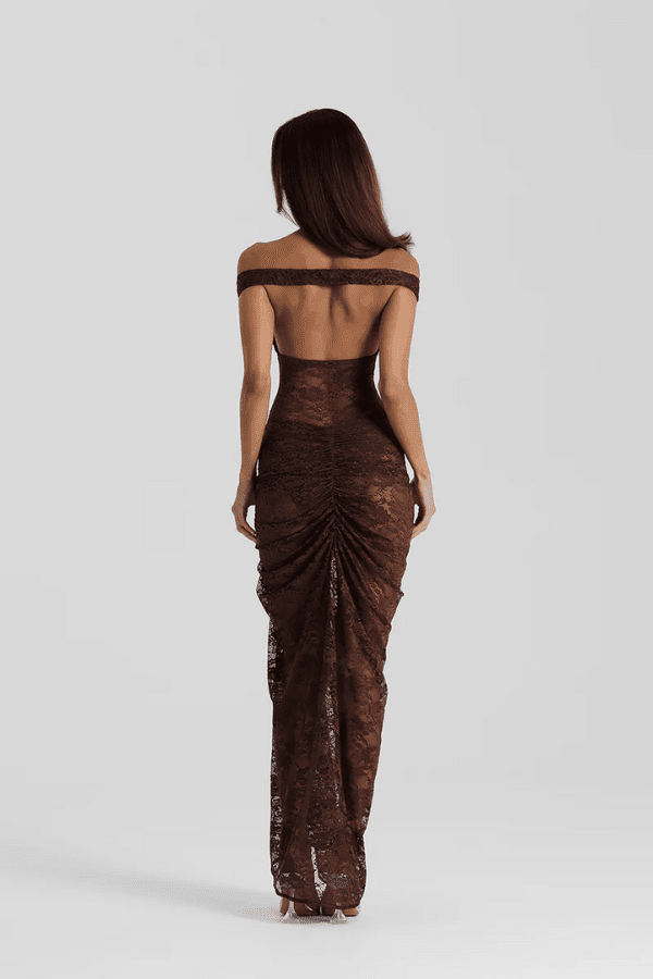 Aubrey Dress Espresso by Natalie Rolt – A sculptural two-piece lace gown with off-shoulder bust and waterfall split.