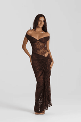 Aubrey Dress Espresso by Natalie Rolt – A sculptural two-piece lace gown with off-shoulder bust and waterfall split.