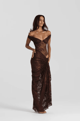Aubrey Dress Espresso by Natalie Rolt – A sculptural two-piece lace gown with off-shoulder bust and waterfall split.