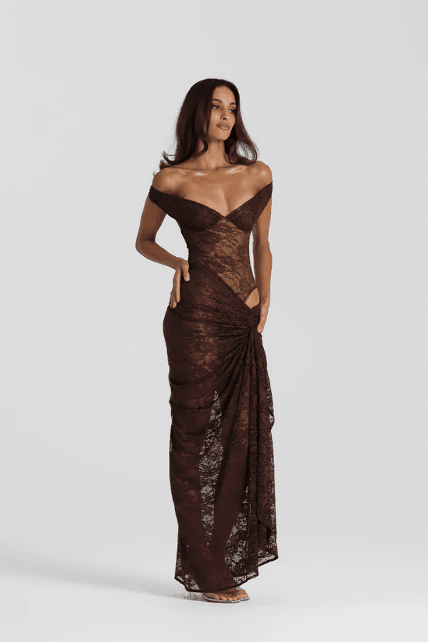 Aubrey Dress Espresso by Natalie Rolt – A sculptural two-piece lace gown with off-shoulder bust and waterfall split.