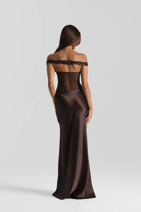 Gwyneth Gown Espresso by Natalie Rolt – Off-shoulder silk and mesh gown in rich espresso, handcrafted in Australia for sculptural elegance.