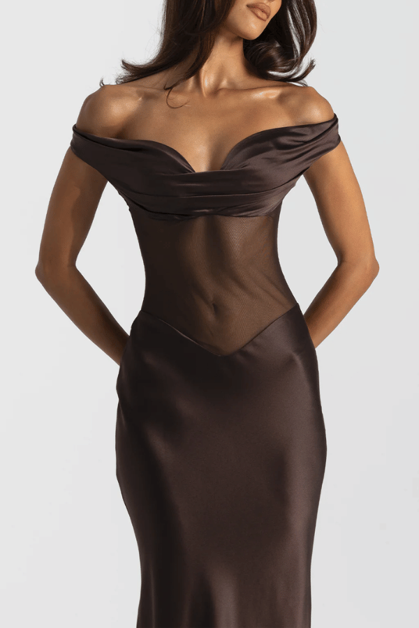 Gwyneth Gown Espresso by Natalie Rolt – Off-shoulder silk and mesh gown in rich espresso, handcrafted in Australia for sculptural elegance.