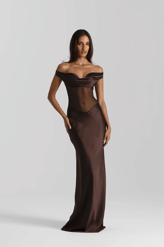 Gwyneth Gown Espresso by Natalie Rolt – Off-shoulder silk and mesh gown in rich espresso, handcrafted in Australia for sculptural elegance.