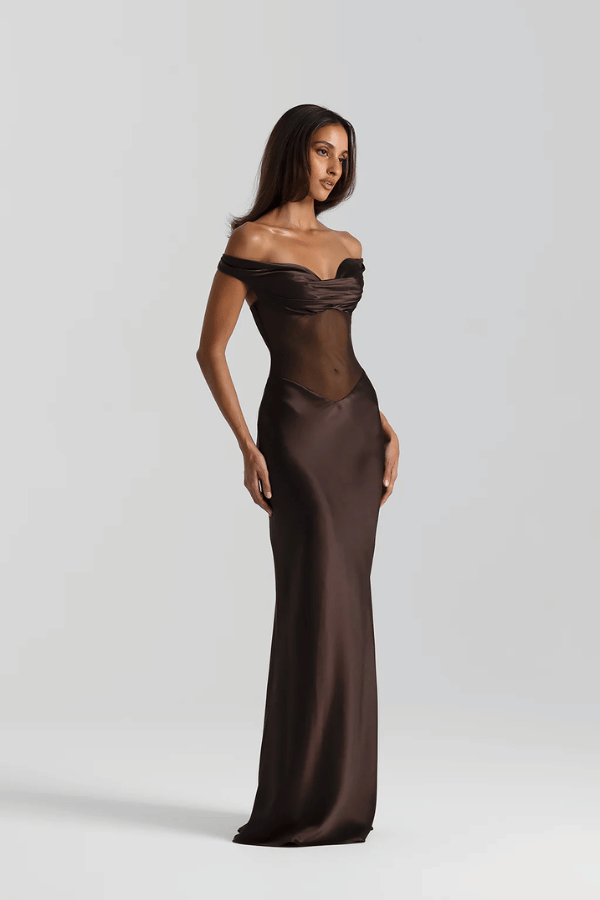 Gwyneth Gown Espresso by Natalie Rolt – Off-shoulder silk and mesh gown in rich espresso, handcrafted in Australia for sculptural elegance.