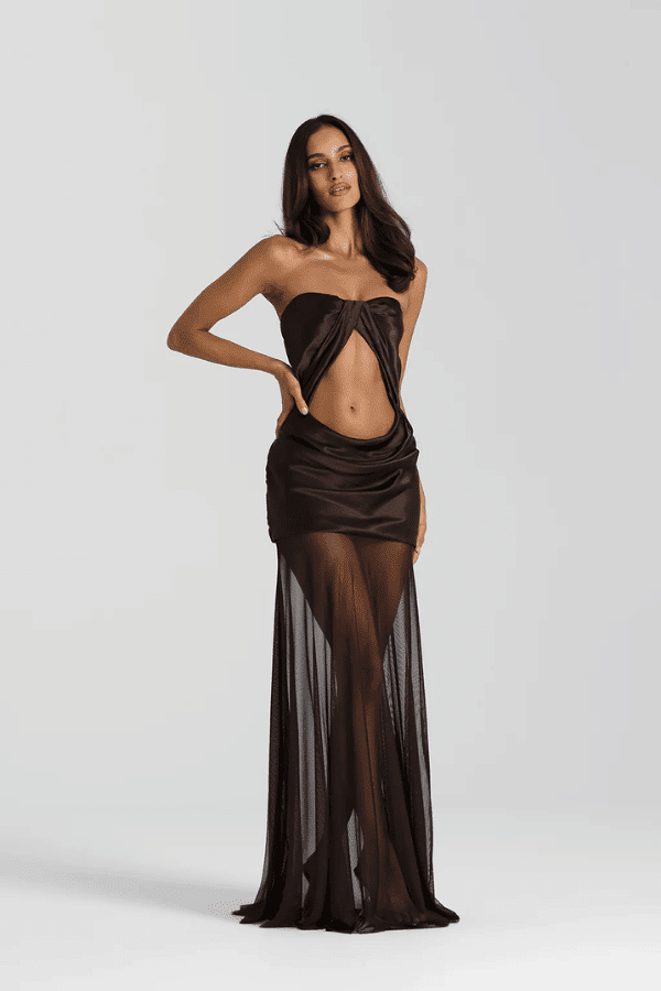 Julietta Dress Espresso by Natalie Rolt – Strapless silk and mesh gown in espresso, handcrafted in Australia for bold, sculptural sophistication