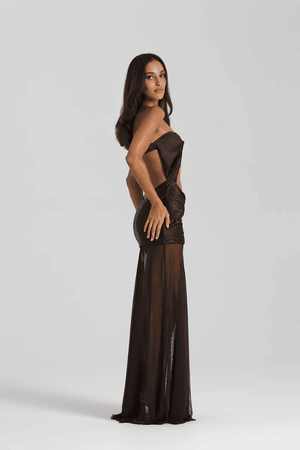 Julietta Dress Espresso by Natalie Rolt – Strapless silk and mesh gown in espresso, handcrafted in Australia for bold, sculptural sophistication