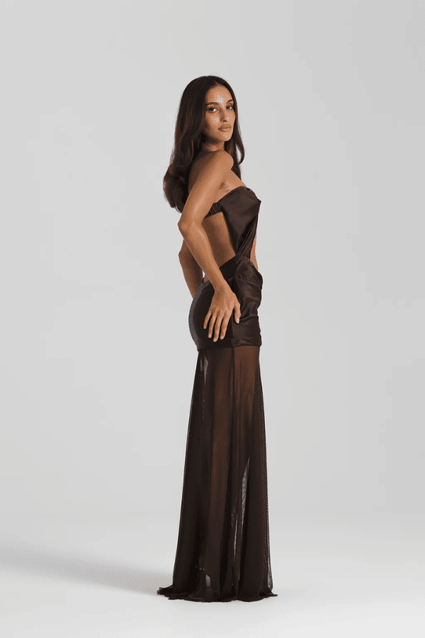 Julietta Dress Espresso by Natalie Rolt – Strapless silk and mesh gown in espresso, handcrafted in Australia for bold, sculptural sophistication