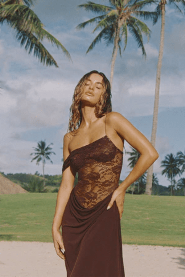 Sloane Dress Espresso by Natalie Rolt – A one-shoulder lace and jersey gown with waterfall split, exuding bold, sophistication.