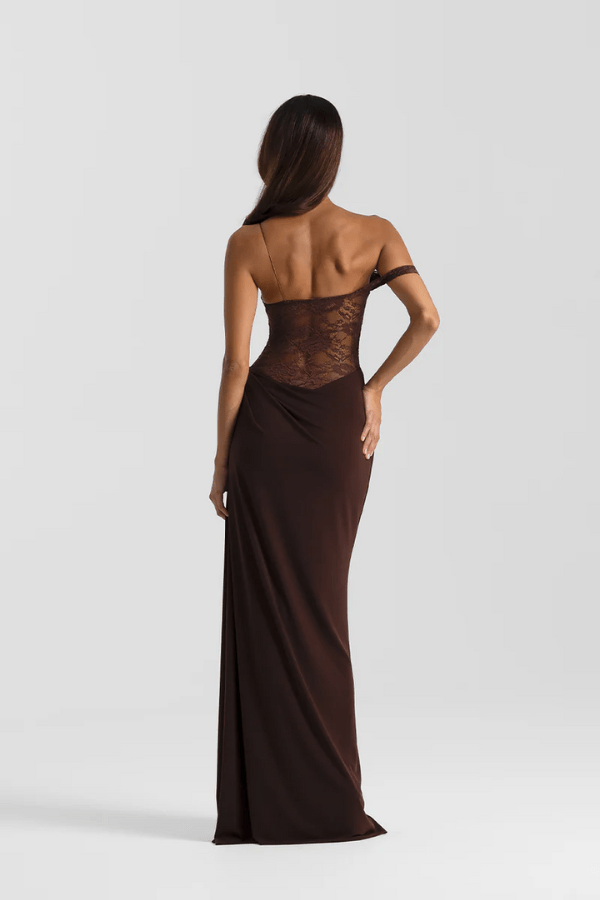 Sloane Dress Espresso by Natalie Rolt – A one-shoulder lace and jersey gown with waterfall split, exuding bold, sophistication.