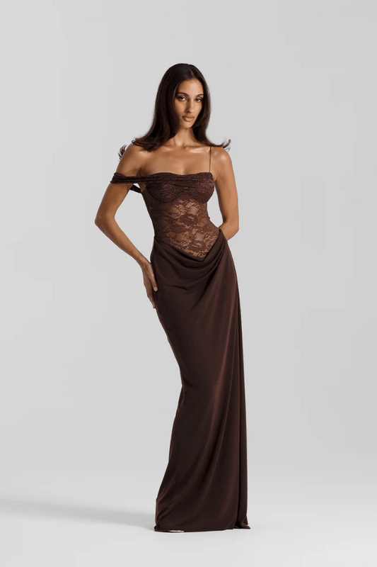 Sloane Dress Espresso by Natalie Rolt – A one-shoulder lace and jersey gown with waterfall split, exuding bold, sophistication.