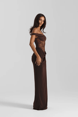 Sloane Dress Espresso by Natalie Rolt – A one-shoulder lace and jersey gown with waterfall split, exuding bold, sophistication.