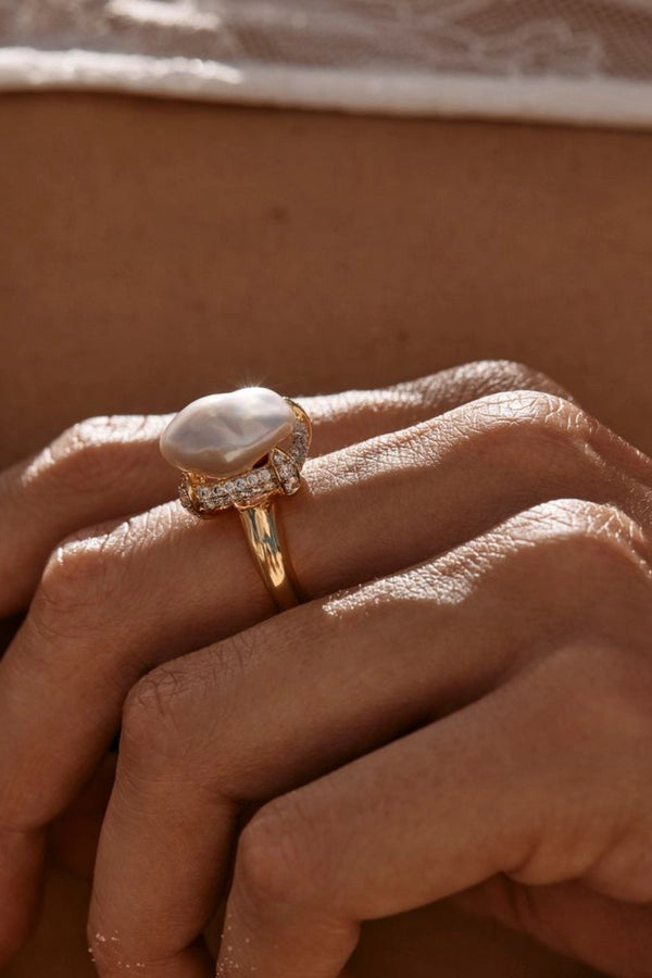 Neema Ring by Amber Sceats, pearl and crystal gold ring, perfect for elevated occasion or everyday styling