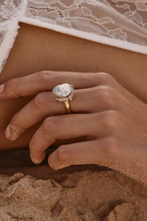 Neema Ring by Amber Sceats, pearl and crystal gold ring, perfect for elevated occasion or everyday styling